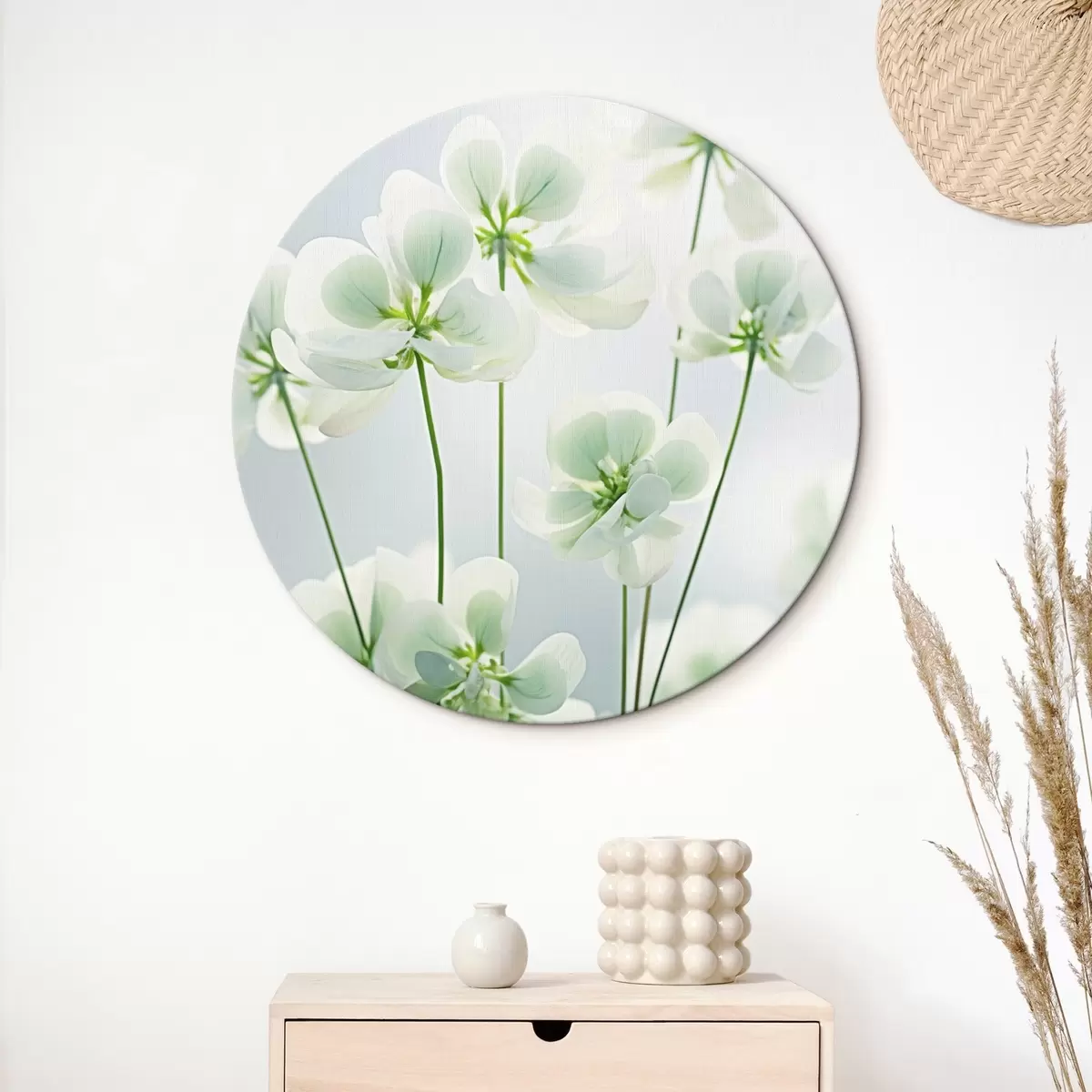 Ronde schilderijen Witte klaver bloemen met groene stengel en bladeren, zachte verlichting, schone achtergrond, minimalistische compositie, botanisch r45172
