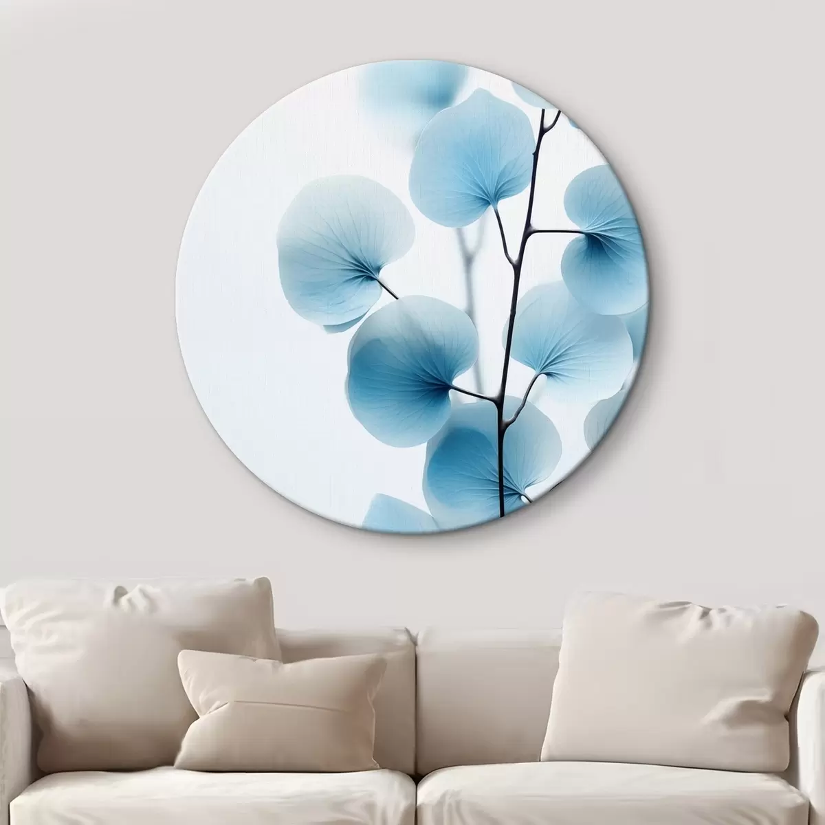 Ronde schilderijen Tak met doorschijnende blauwe bladeren, fijne nerven zichtbaar, lichte en rustige compositie, minimalistische esthetiek r45176