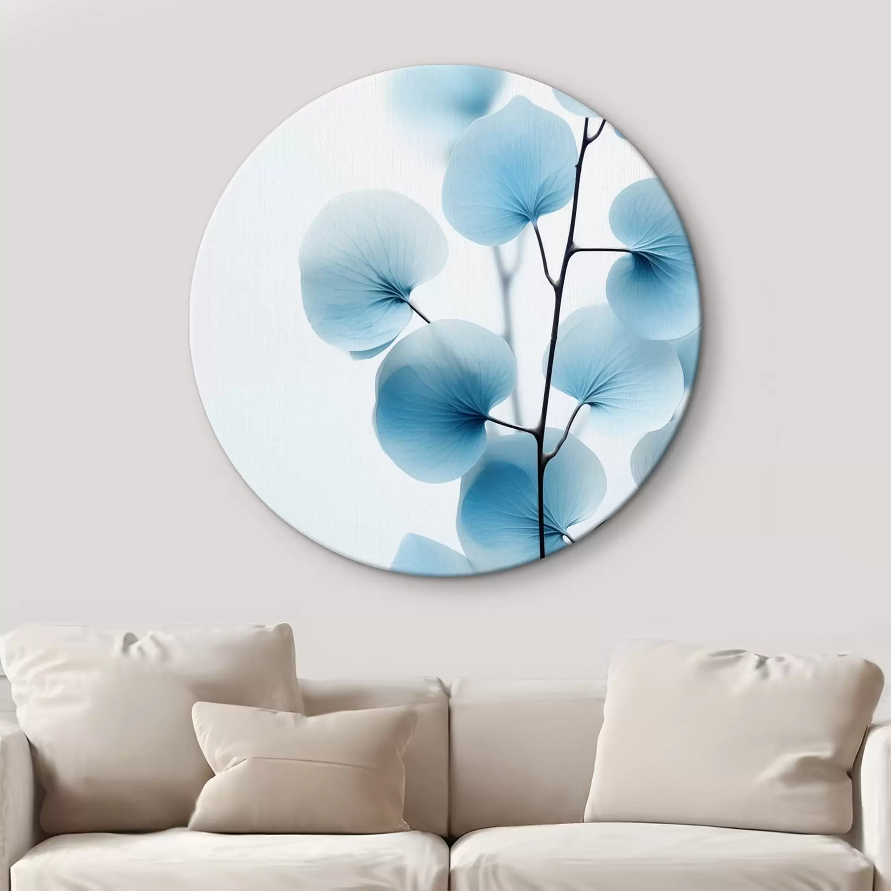  Schilderijen Tak met doorschijnende blauwe bladeren, fijne nerven zichtbaar, lichte en rustige compositie, minimalistische esthetiek r45176