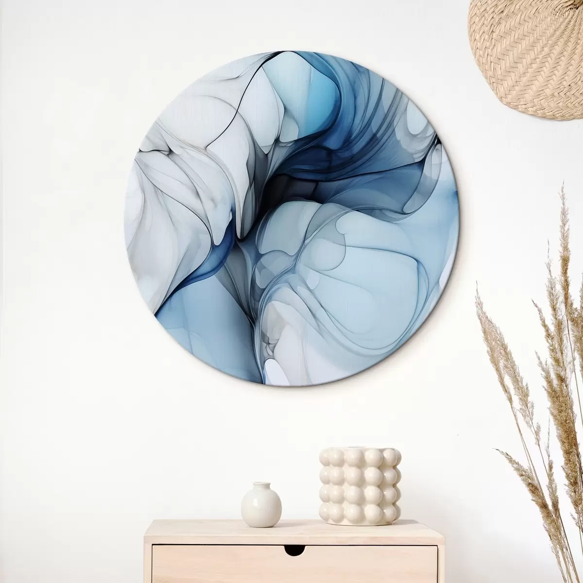 Ronde schilderijen Abstracte compositie met vloeiende lijnen en doorschijnende bloemblaadjes in blauwwitte en beige tinten, imitatie van alcoholinkt r45178