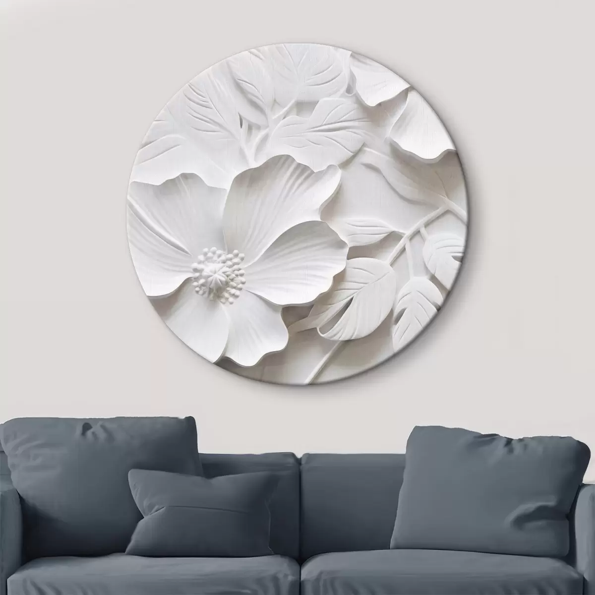Ronde schilderijen Decoratieve minimalistische witte bloemen met bladeren, reliëfimitatie, witte achtergrond r45180