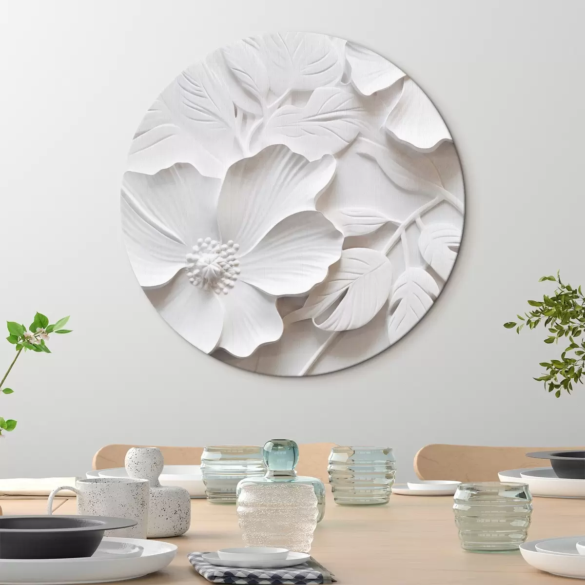 Ronde schilderijen Decoratieve minimalistische witte bloemen met bladeren, reliëfimitatie, witte achtergrond r45180