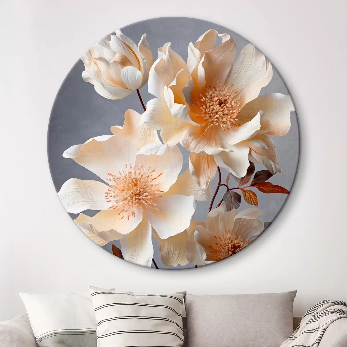Ronde schilderijen Gestructureerde bloemen met oranje stampers en oranje bladeren op grijze achtergrond, zacht licht, elegant, gedetailleerd, realistisch r45181