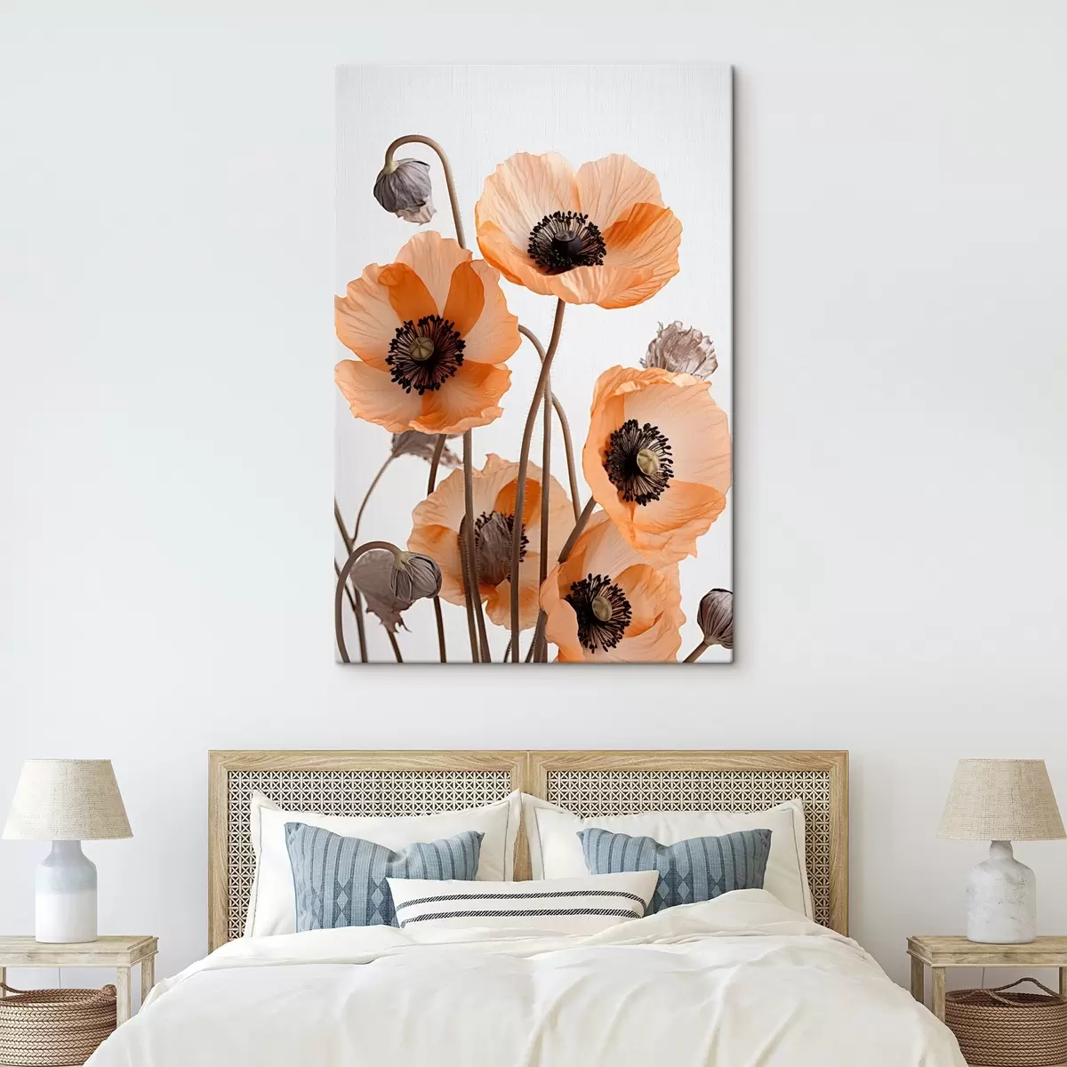  Schilderijen Oranje klaprozen, gedroogde bloemen tegen een lichte achtergrond, zachte verlichting, delicate bloemblaadjes, bloemstuk s45167