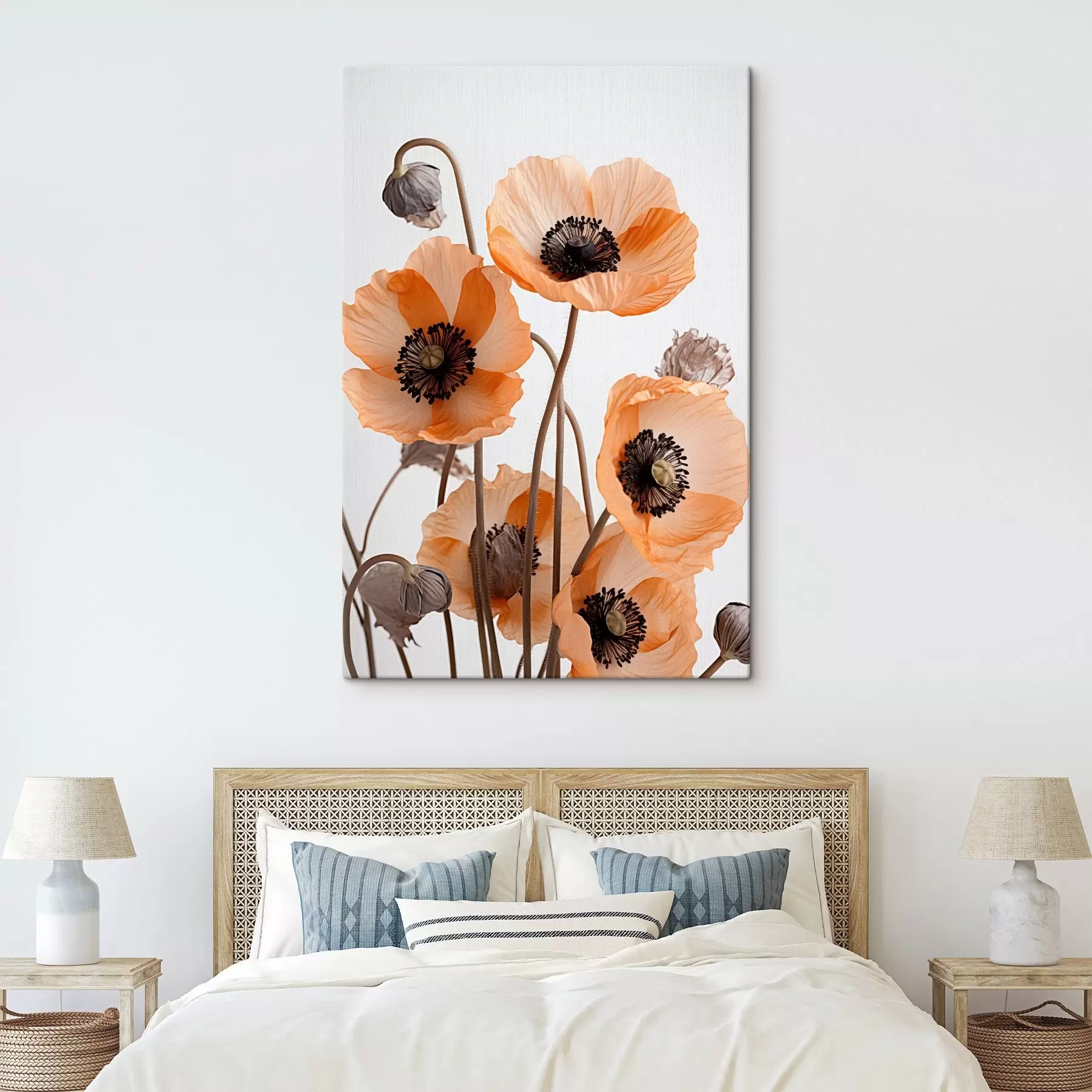  Schilderijen Oranje klaprozen, gedroogde bloemen tegen een lichte achtergrond, zachte verlichting, delicate bloemblaadjes, bloemstuk s45167