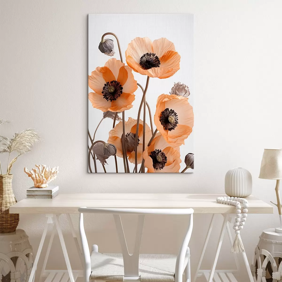 Schilderijen Oranje klaprozen, gedroogde bloemen tegen een lichte achtergrond, zachte verlichting, delicate bloemblaadjes, bloemstuk s45167