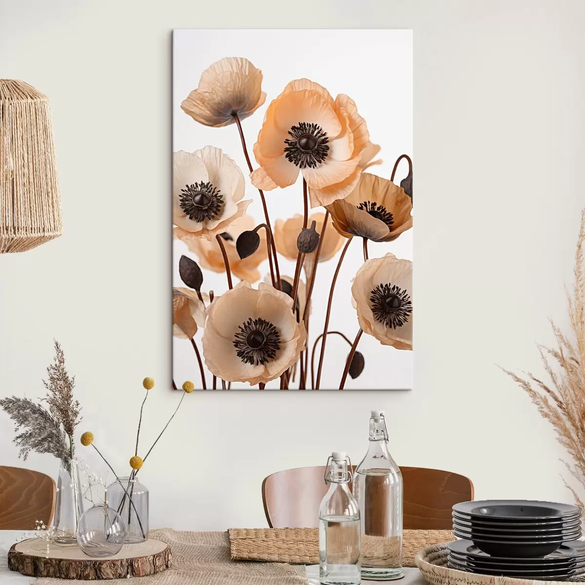  Schilderijen Oranje klaprozen, gedroogde bloemen tegen een lichte achtergrond, zachte verlichting, delicate bloemblaadjes, bloemstuk s45168