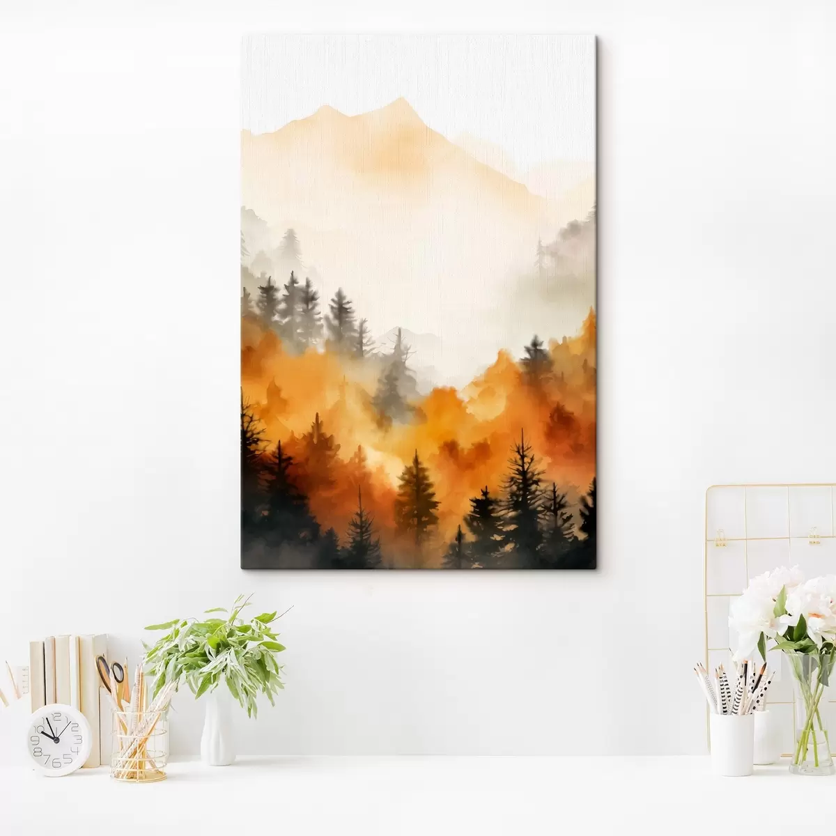  Schilderijen Een landschap aquarel imitatie van een bos met hoge pijnbomen en bergen op de achtergrond s45169