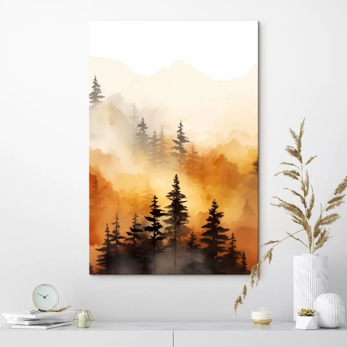  Schilderijen Een landschap aquarel imitatie van een bos met hoge pijnbomen en bergen op de achtergrond s45170
