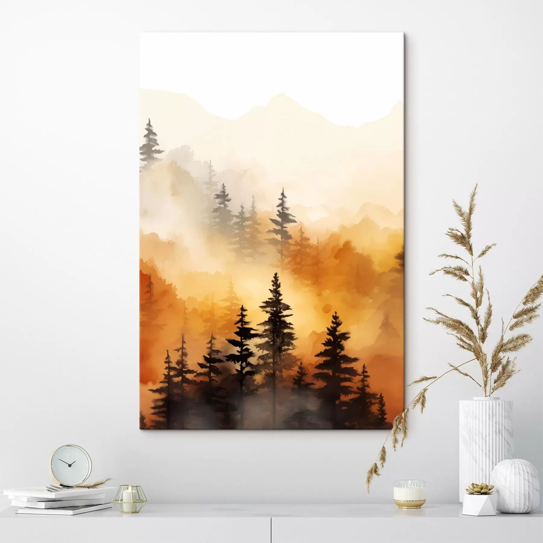  Schilderijen Een landschap aquarel imitatie van een bos met hoge pijnbomen en bergen op de achtergrond s45170