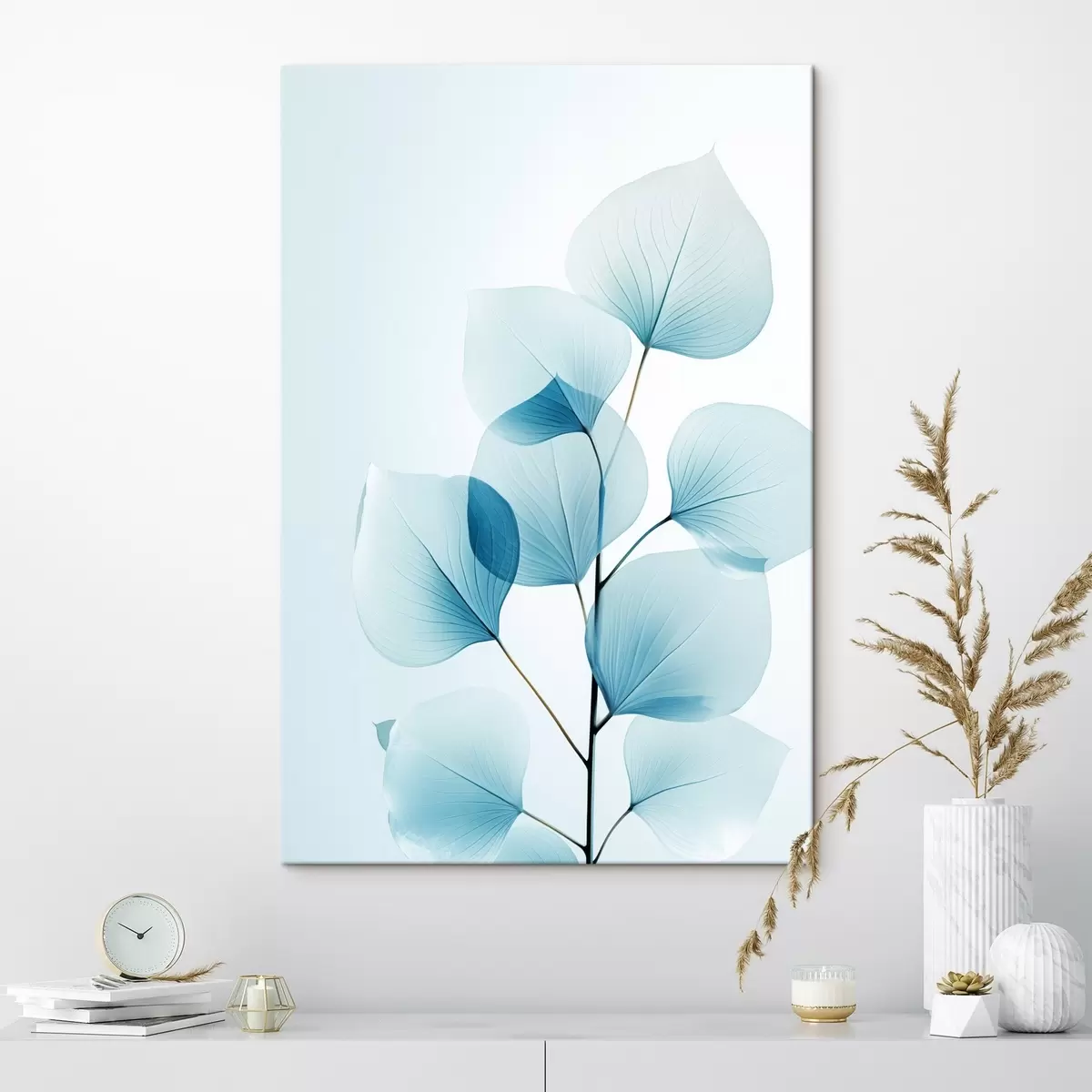  Schilderijen Tak met doorschijnende blauwe bladeren, fijne nerven zichtbaar, lichte en rustige compositie, minimalistische esthetiek s45175