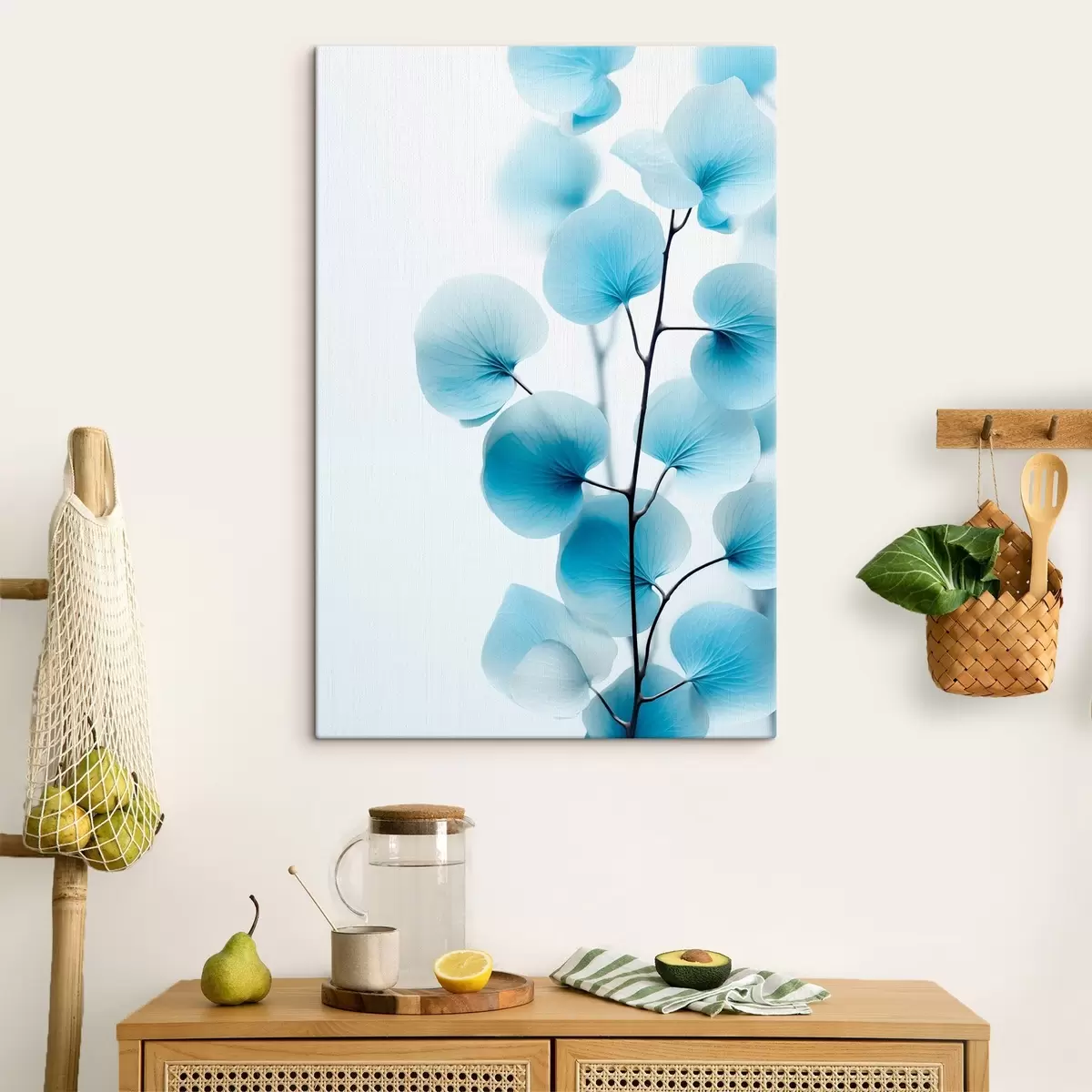  Schilderijen Tak met doorschijnende blauwe bladeren, fijne nerven zichtbaar, lichte en rustige compositie, minimalistische esthetiek s45176