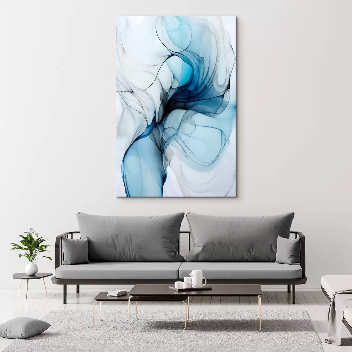  Schilderijen Abstracte compositie met vloeiende lijnen en doorschijnende bloemblaadjes in blauwwitte en beige tinten, imitatie van alcoholinkt s45178