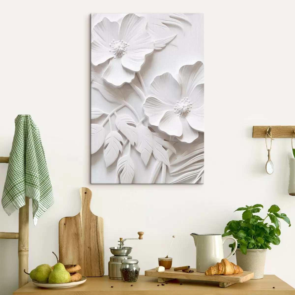  Schilderijen Decoratieve minimalistische witte bloemen met bladeren, reliëfimitatie, witte achtergrond s45179