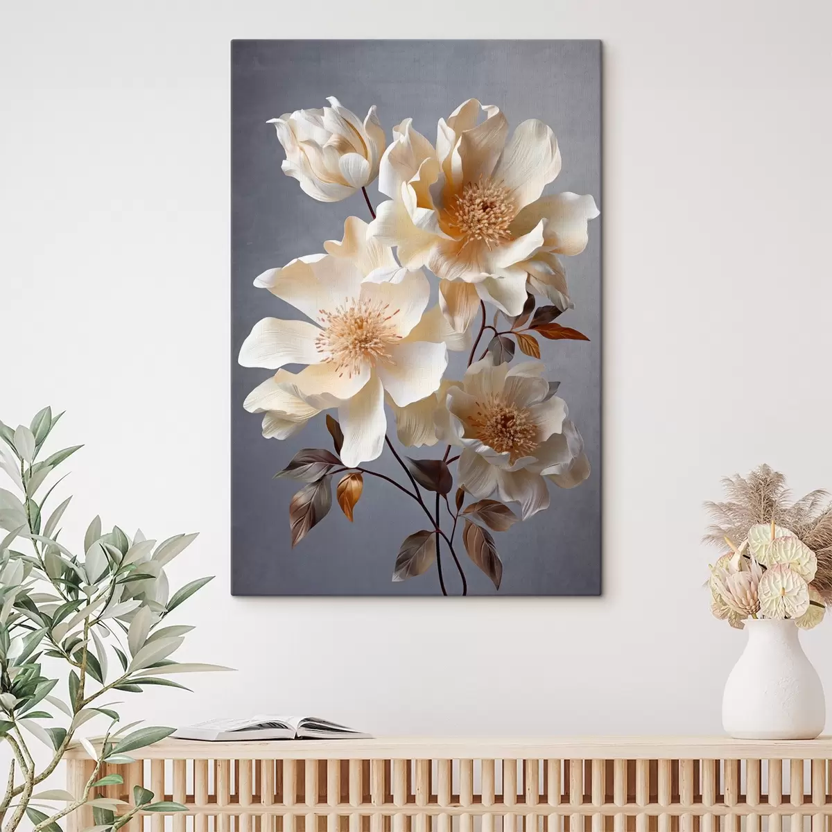  Schilderijen Gestructureerde bloemen met oranje stampers en oranje bladeren op grijze achtergrond, zacht licht, elegant, gedetailleerd, realistisch s45181
