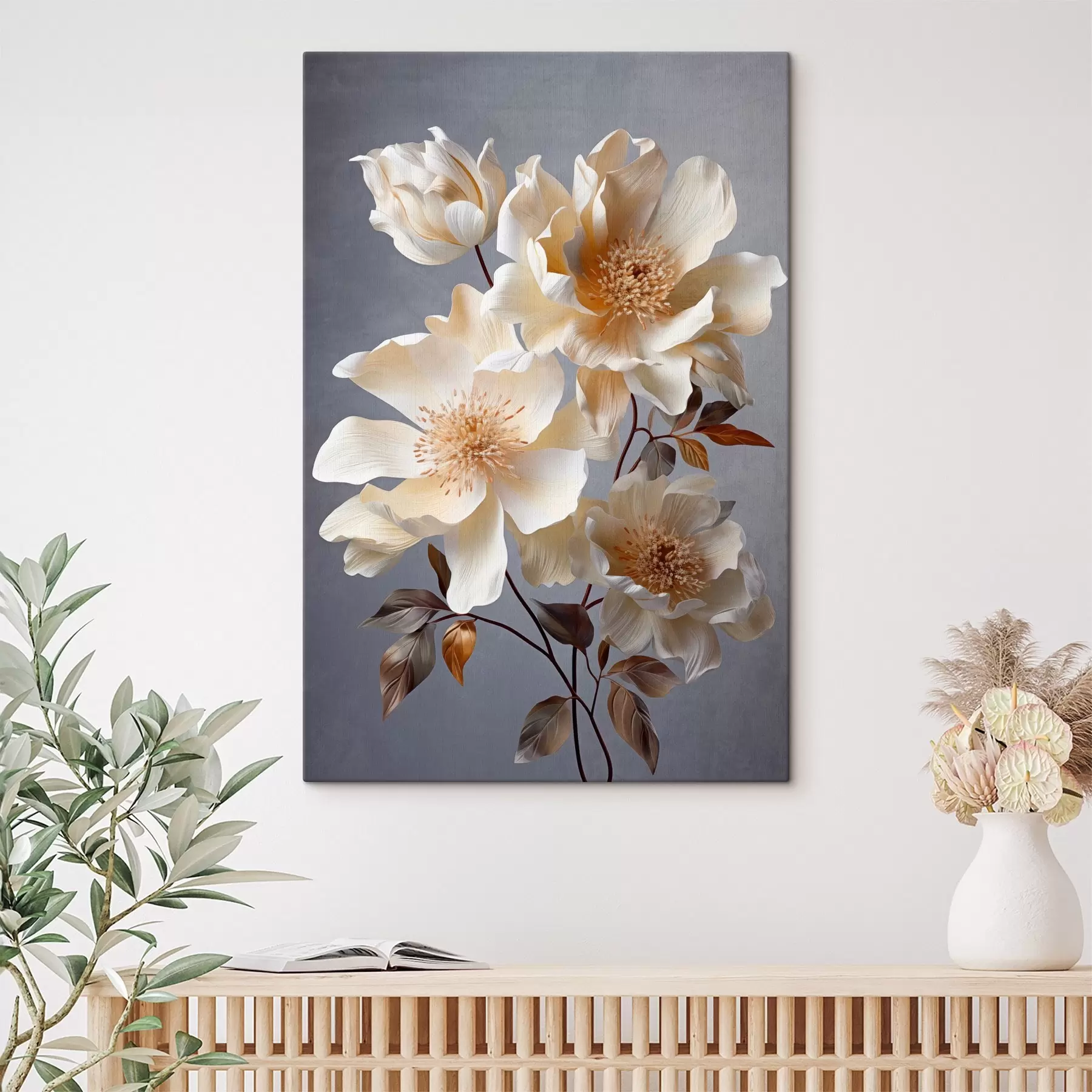  Schilderijen Gestructureerde bloemen met oranje stampers en oranje bladeren op grijze achtergrond, zacht licht, elegant, gedetailleerd, realistisch s45181