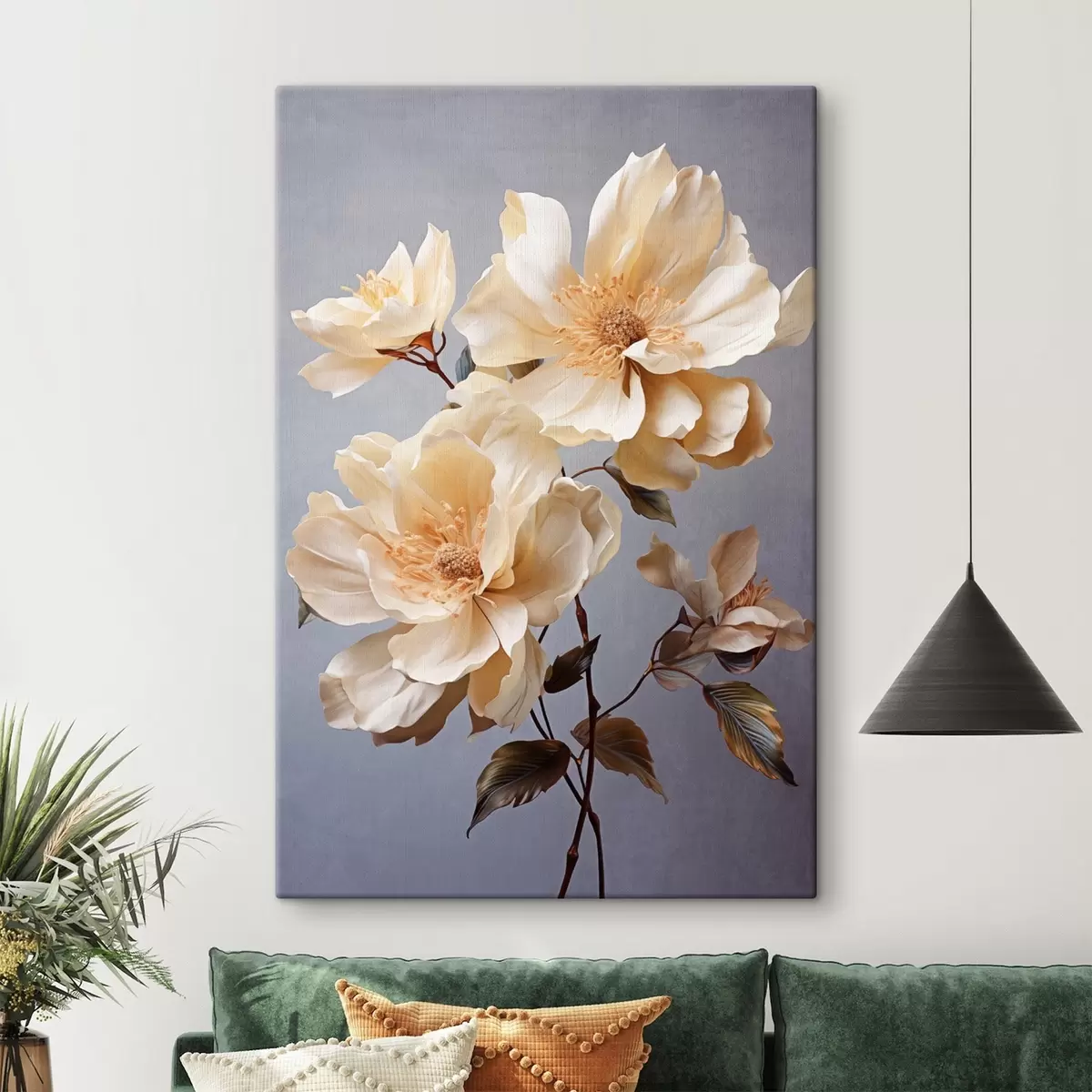  Schilderijen Gestructureerde bloemen met oranje stampers en oranje bladeren op grijze achtergrond, zacht licht, elegant, gedetailleerd, realistisch s45182
