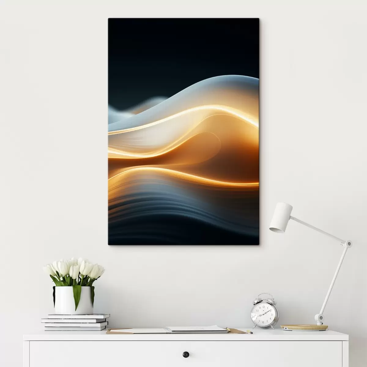  Schilderijen Abstracte vloeiende vormen met oranje lijnen, vloeiende rondingen en lijnen, dynamische compositie, donkere achtergrond s45183