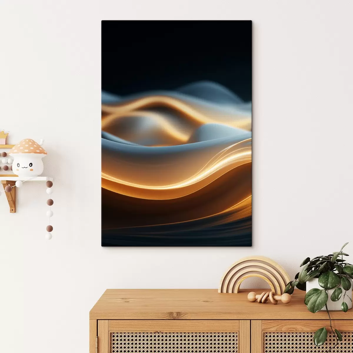  Schilderijen Abstracte vloeiende vormen met oranje lijnen, vloeiende rondingen en lijnen, dynamische compositie, donkere achtergrond s45184