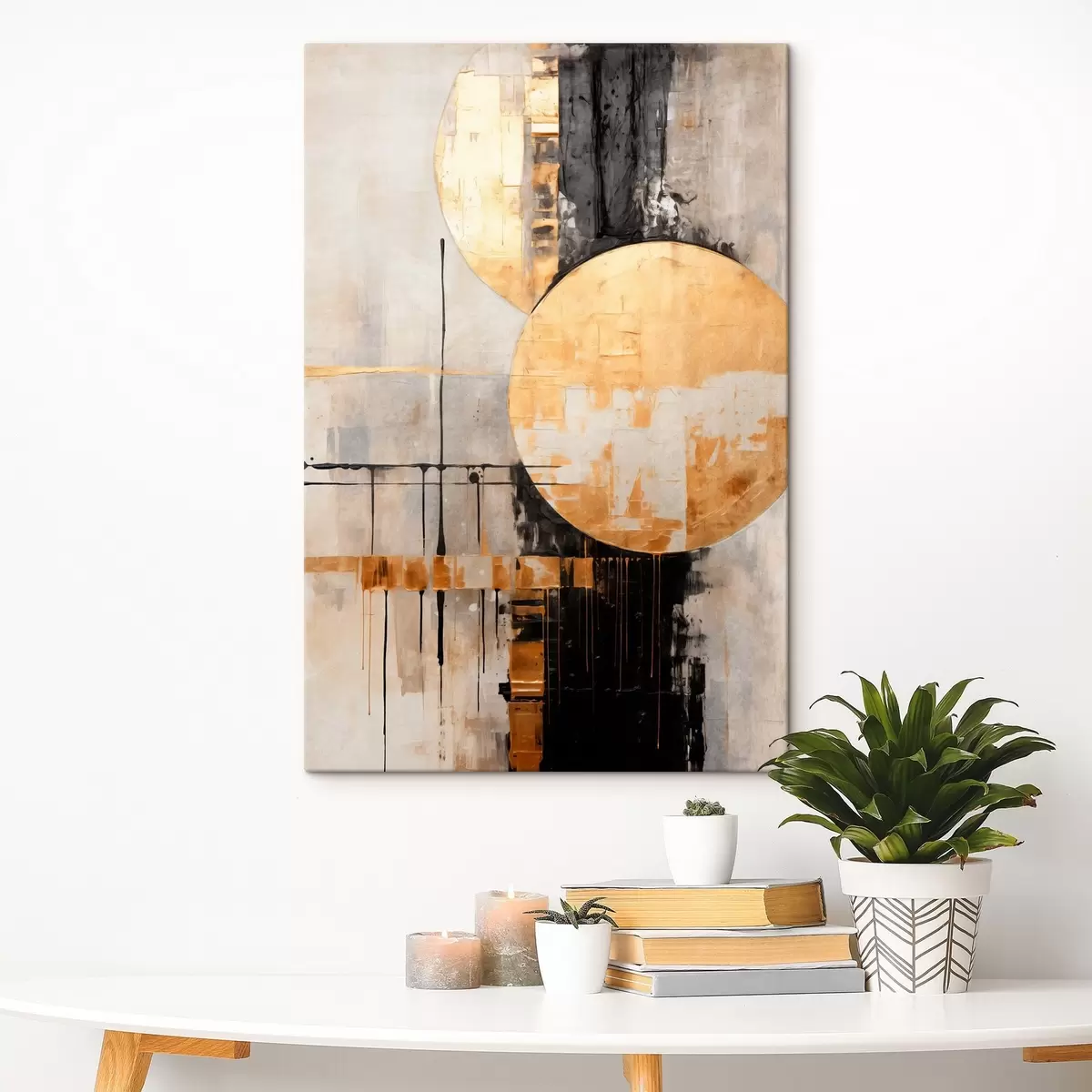  Schilderijen Abstract schilderij met cirkels, zwarte en gele lijnen en een achtergrond met grijze en witte tinten s45185