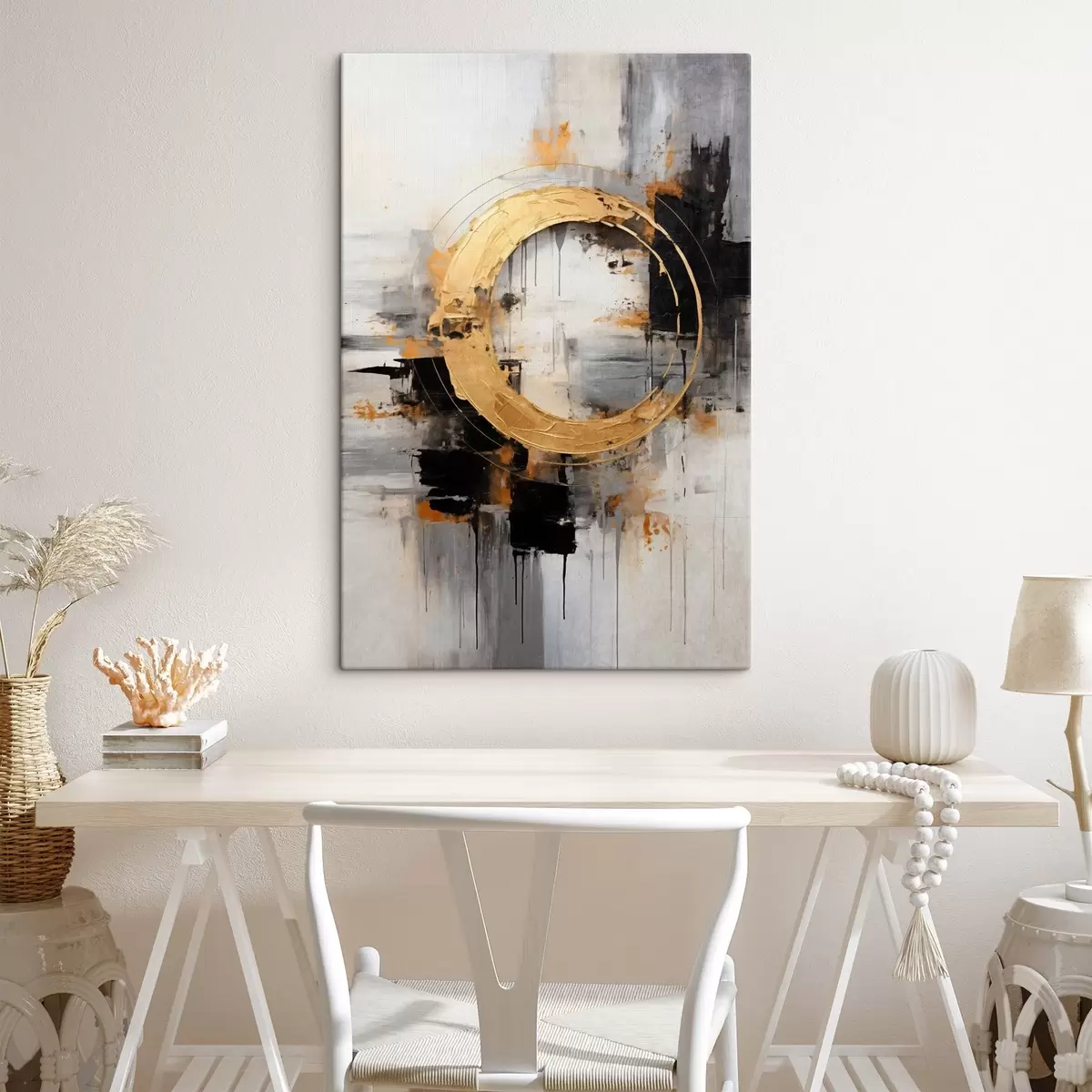  Schilderijen Abstract schilderij met cirkels, zwarte en gele lijnen en een achtergrond met grijze en witte tinten s45186