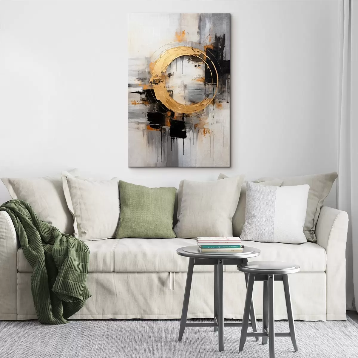  Schilderijen Abstract schilderij met cirkels, zwarte en gele lijnen en een achtergrond met grijze en witte tinten s45186