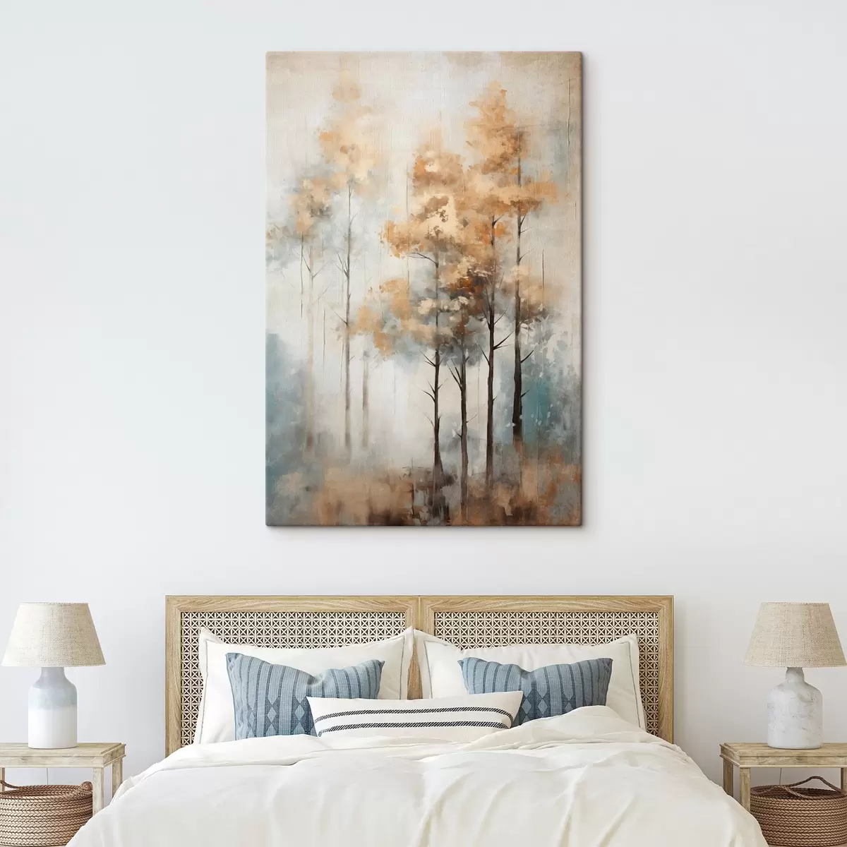 Schilderijen Hoge bomen met gele bladeren in een bos, de achtergrond is een mix van zachte blauwe en bruine tinten s45187