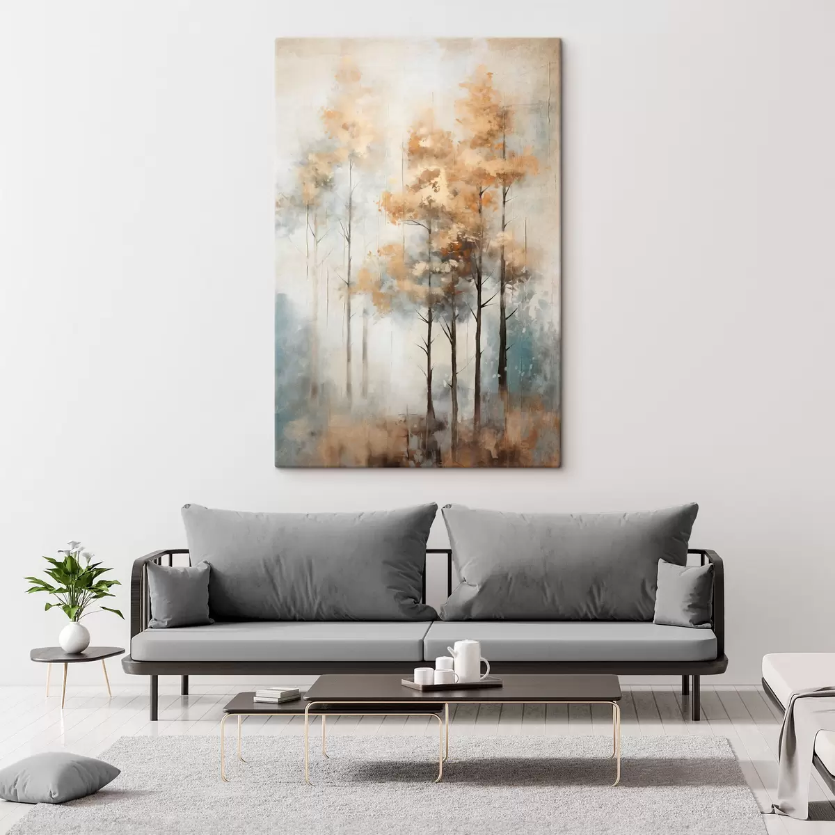  Schilderijen Hoge bomen met gele bladeren in een bos, de achtergrond is een mix van zachte blauwe en bruine tinten s45187