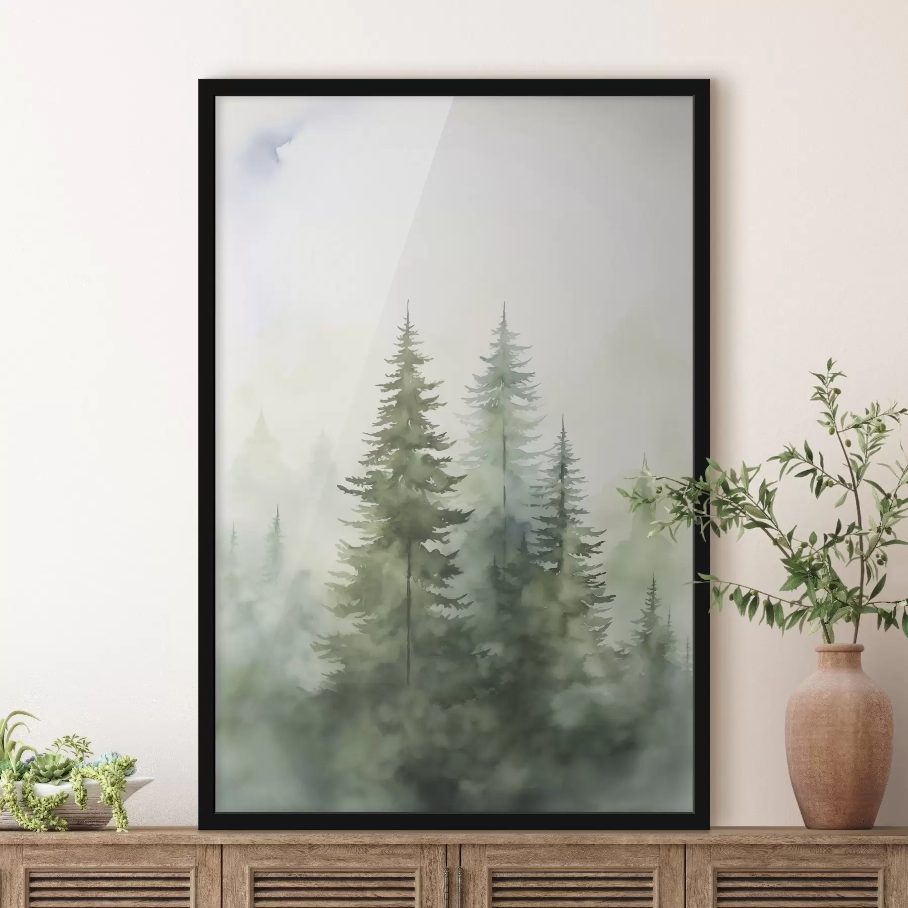 Fotobehang Dennenbomen in de mist f45208