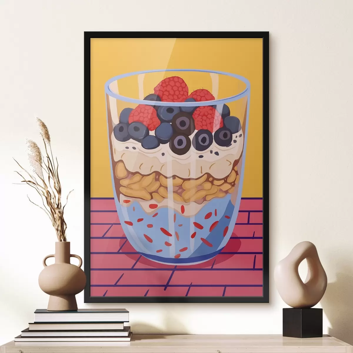 Poster Glas met yoghurt, bessen en ontbijtgranen f45216