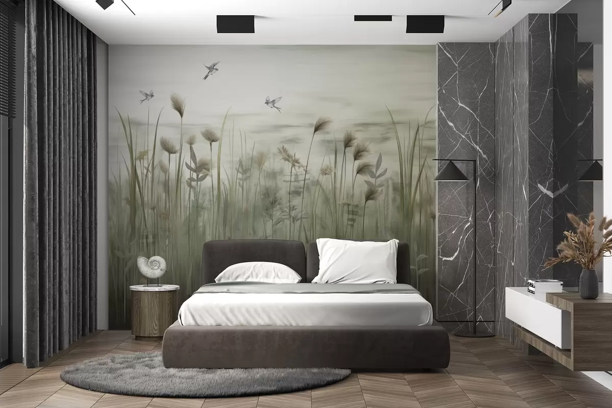 Fotobehang Lichte versie van graslandschap met zwaluwen w04258