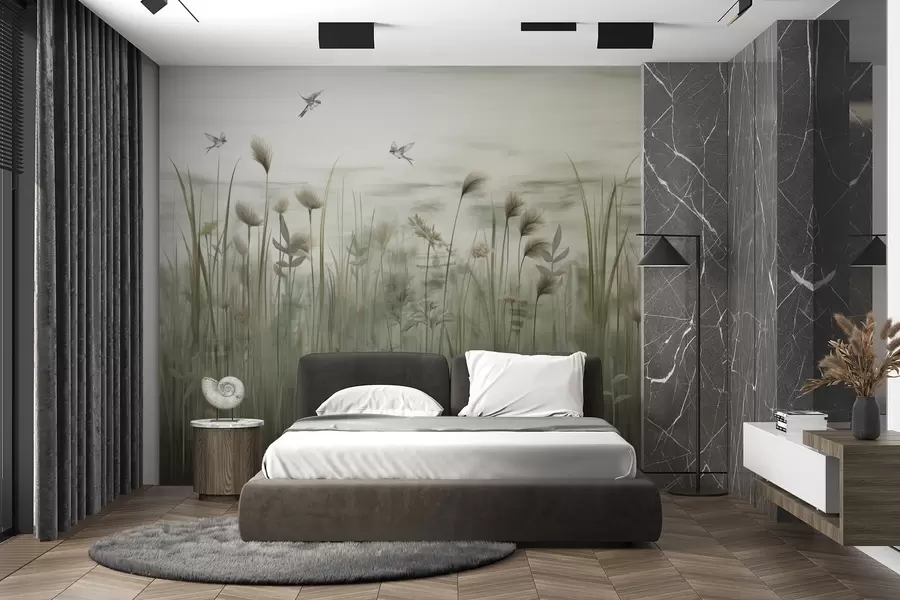 Fotobehang Lichte versie van graslandschap met zwaluwen w04258