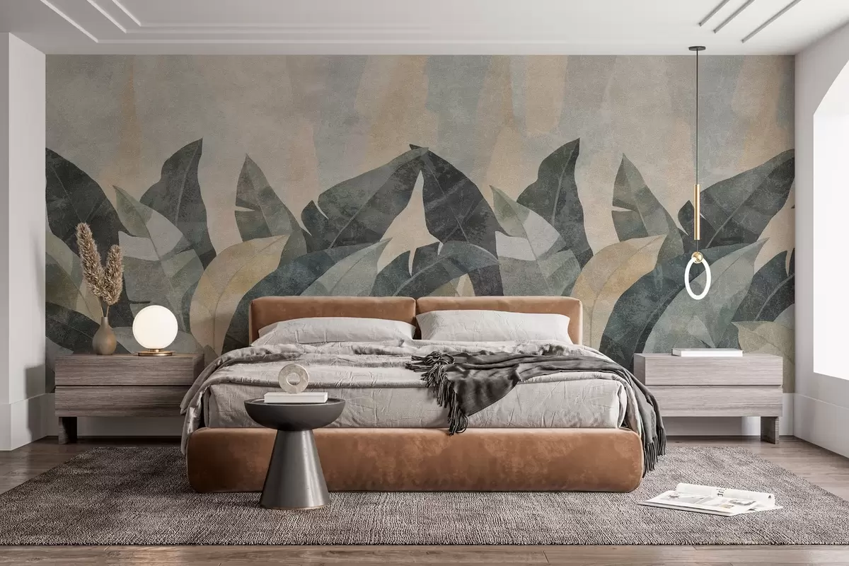 Fotobehang getextureerde bananenbladeren in natuurlijke beige, groene en grijze tinten w04285