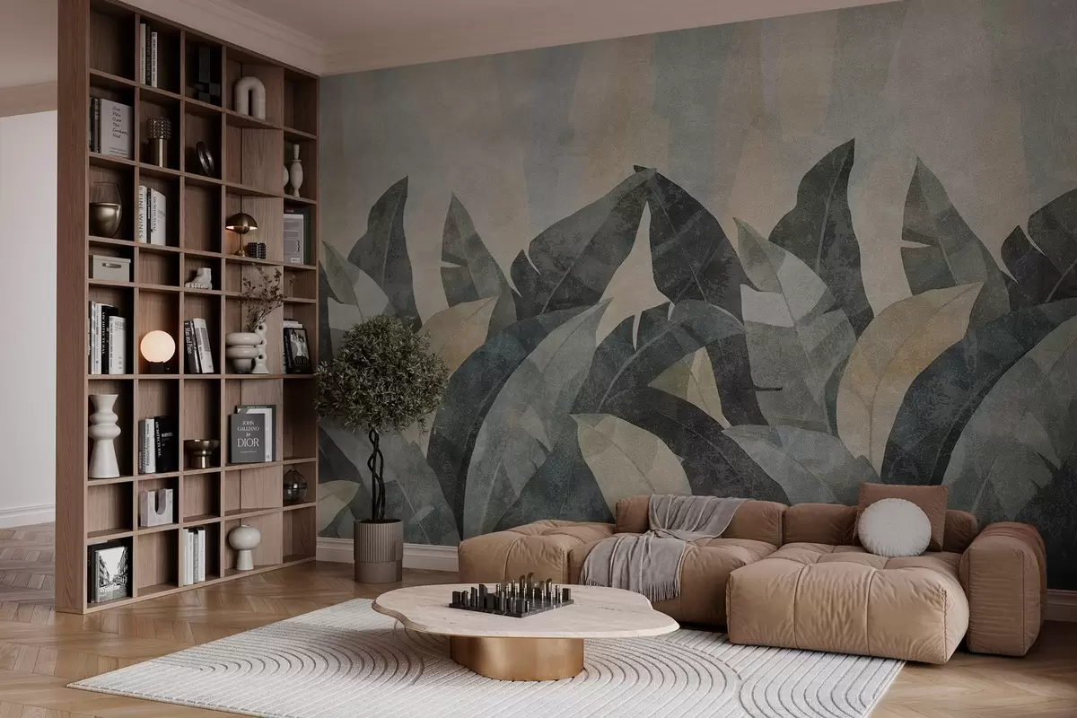 Fotobehang getextureerde bananenbladeren in natuurlijke beige, groene en grijze tinten w04285