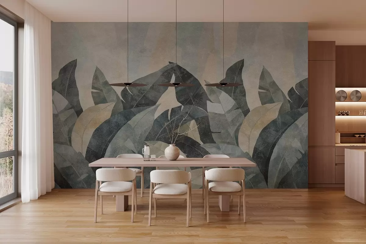 Fotobehang getextureerde bananenbladeren in natuurlijke beige, groene en grijze tinten w04285