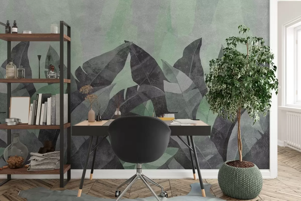 Fotobehang bananenbladeren met textuur in groene en grijze tinten w04285v1