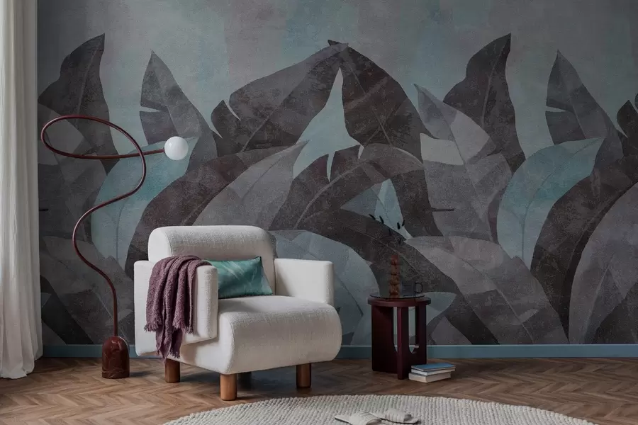 Fotobehang bananenbladeren met textuur in blauw- en grijstinten w04285v2