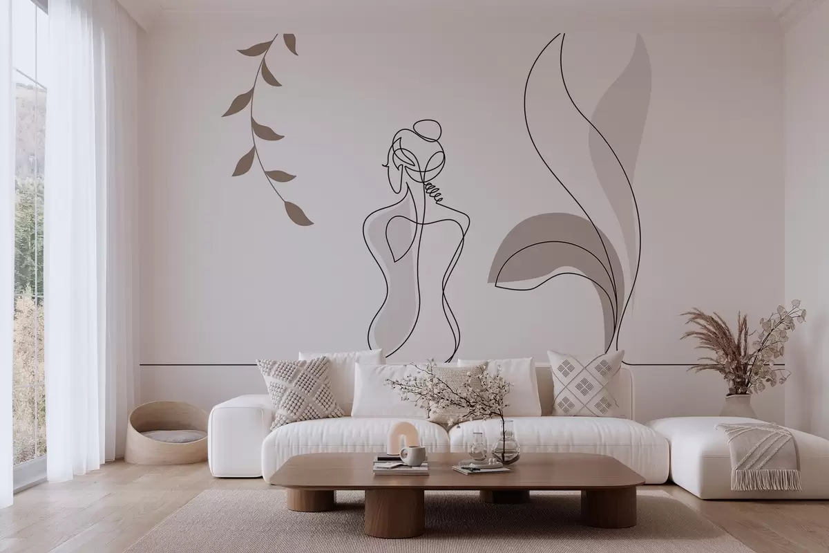 Fotobehang lineair silhouet van een vrouw en bladeren w04303