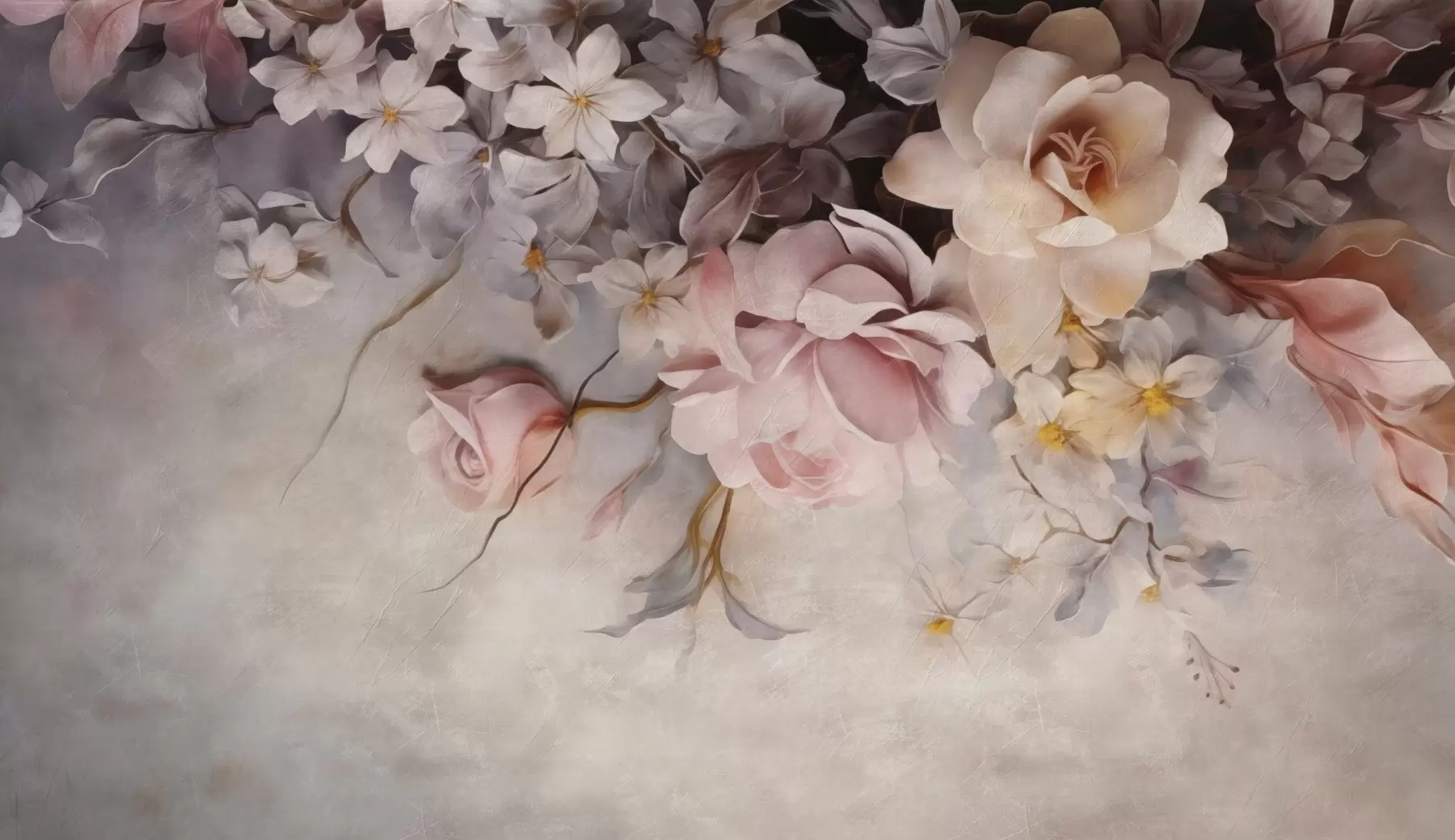 Fotobehang Grote bloemen hangend langs de muur op een betonnen achtergrond w09184