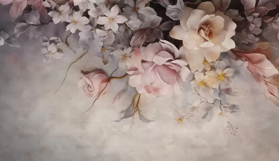 Fotobehang Grote bloemen hangend langs de muur op een betonnen achtergrond w09184