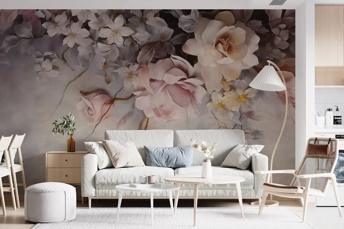 Fotobehang Grote bloemen hangend langs de muur op een betonnen achtergrond w09184