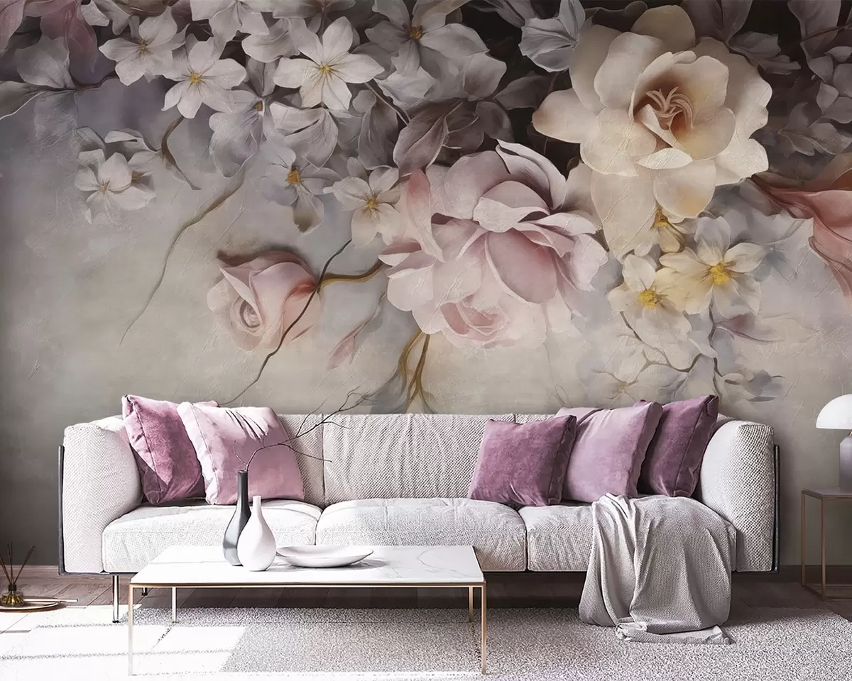 Fotobehang Grote bloemen hangend langs de muur op een betonnen achtergrond w09184
