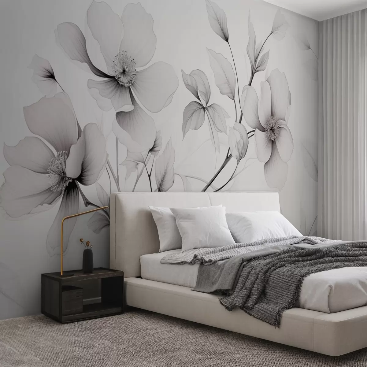 Fotobehang Zwart-witte bloemen met elegante lijnen op een grijze achtergrond w09271