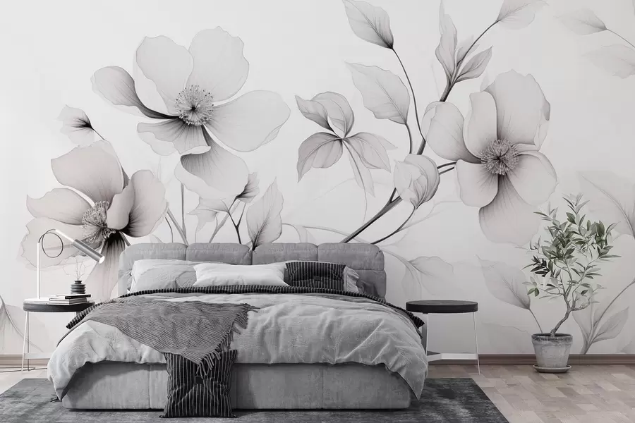 Fotobehang Zwart-witte bloemen met elegante lijnen op een grijze achtergrond w09271