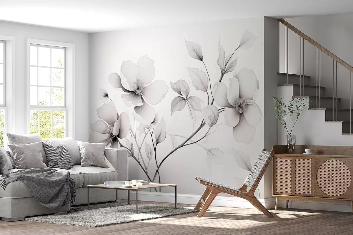 Fotobehang Zwart-witte bloemen met elegante lijnen op een grijze achtergrond w09271