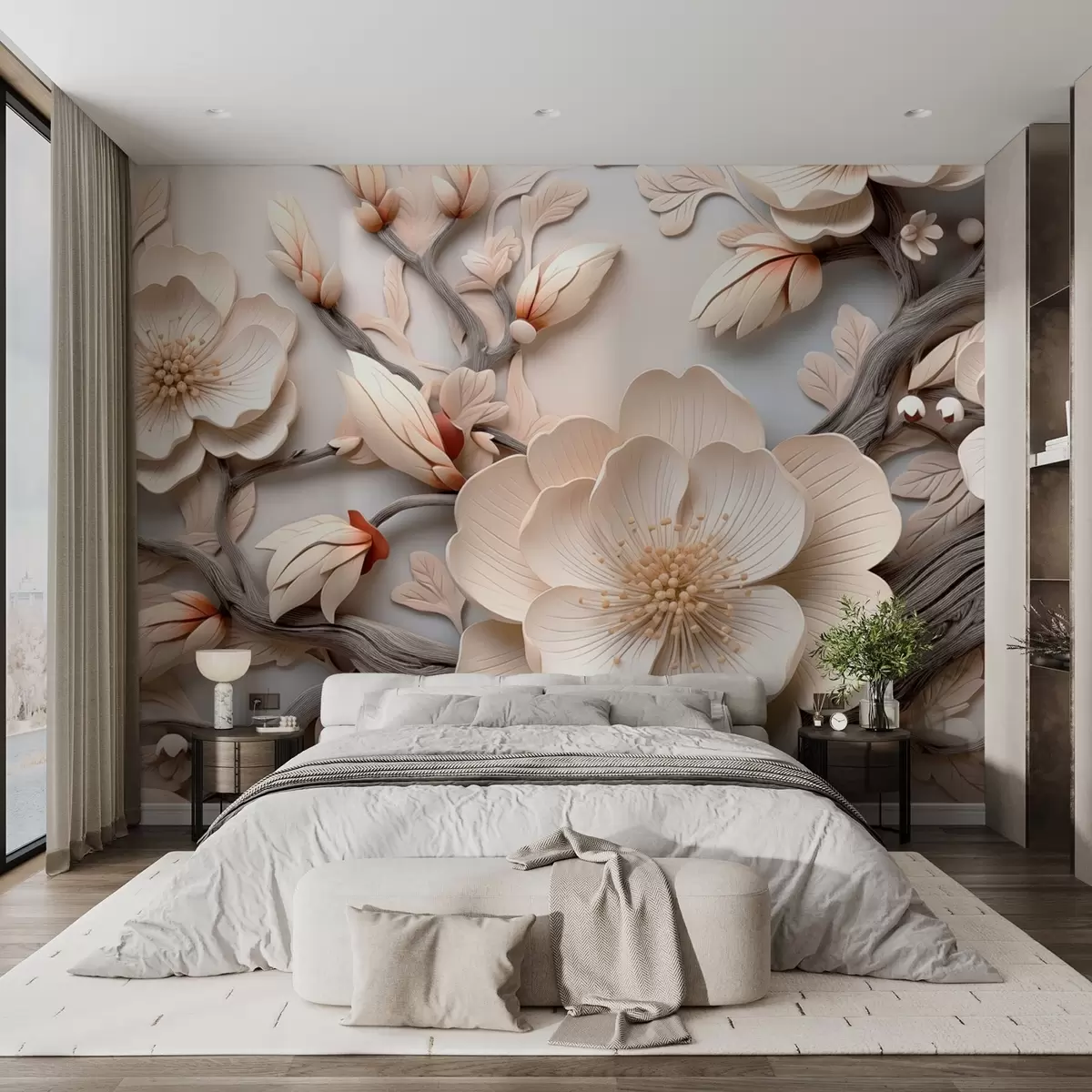 Fotobehang Volumetrische bloemen en takken in lichte tinten w09272