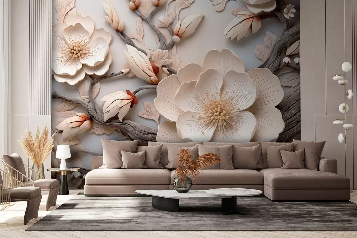 Fotobehang Volumetrische bloemen en takken in lichte tinten w09272