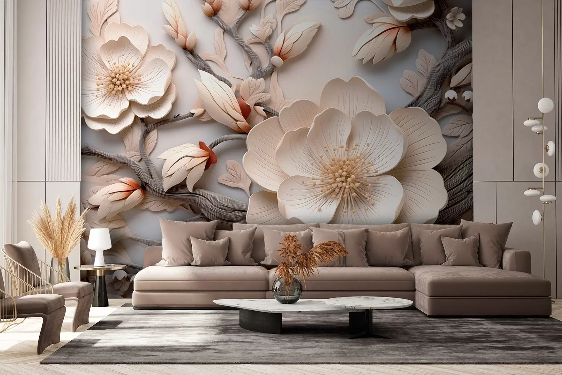 Fotobehang Volumetrische bloemen en takken in lichte tinten w09272