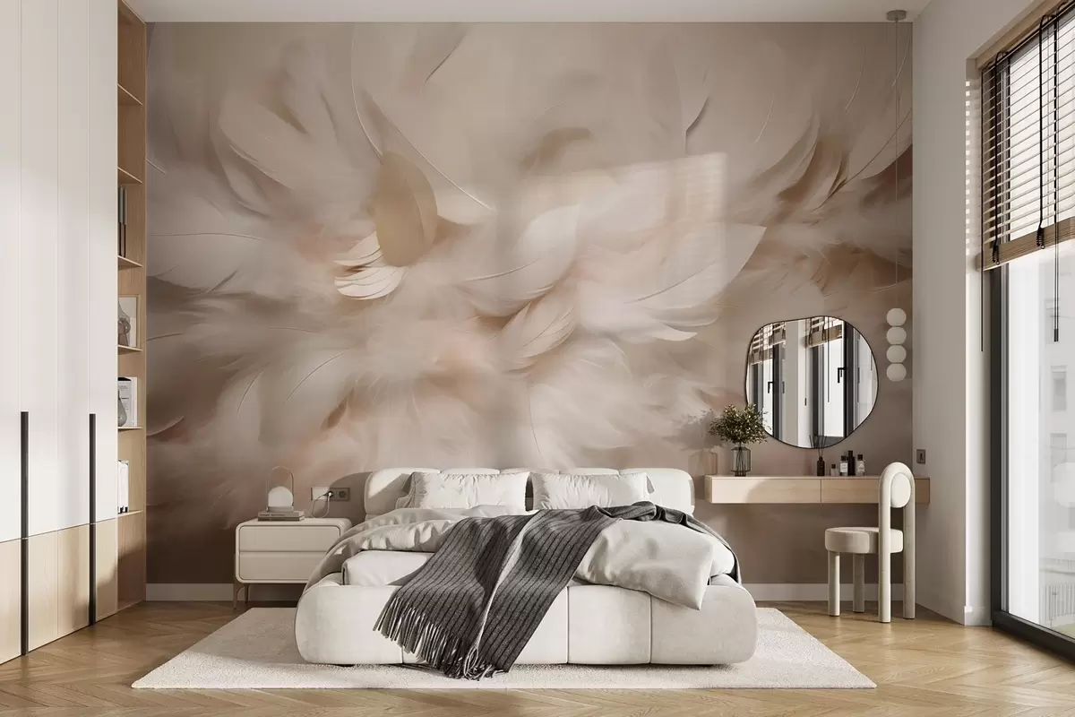 Fotobehang Pluizige veren en dons in crèmekleuren w09274