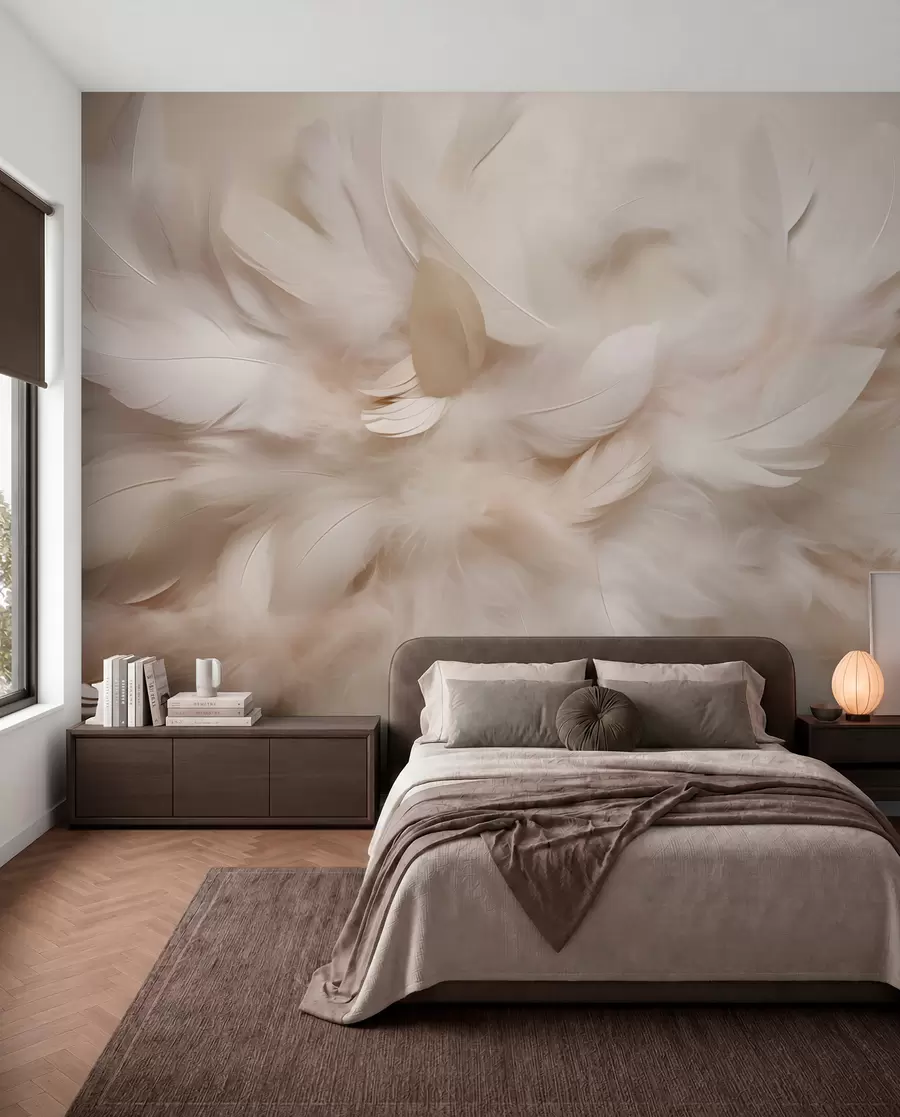 Fotobehang Pluizige veren en dons in crèmekleuren w09274